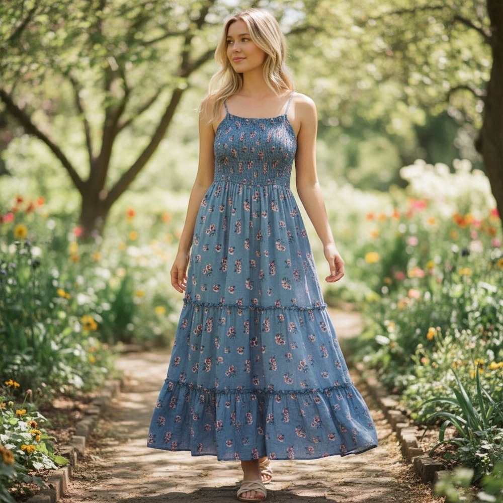 Liberty Love Blue Floral Tiered Smocked Midi Dress Womens Medium Boho Peasant